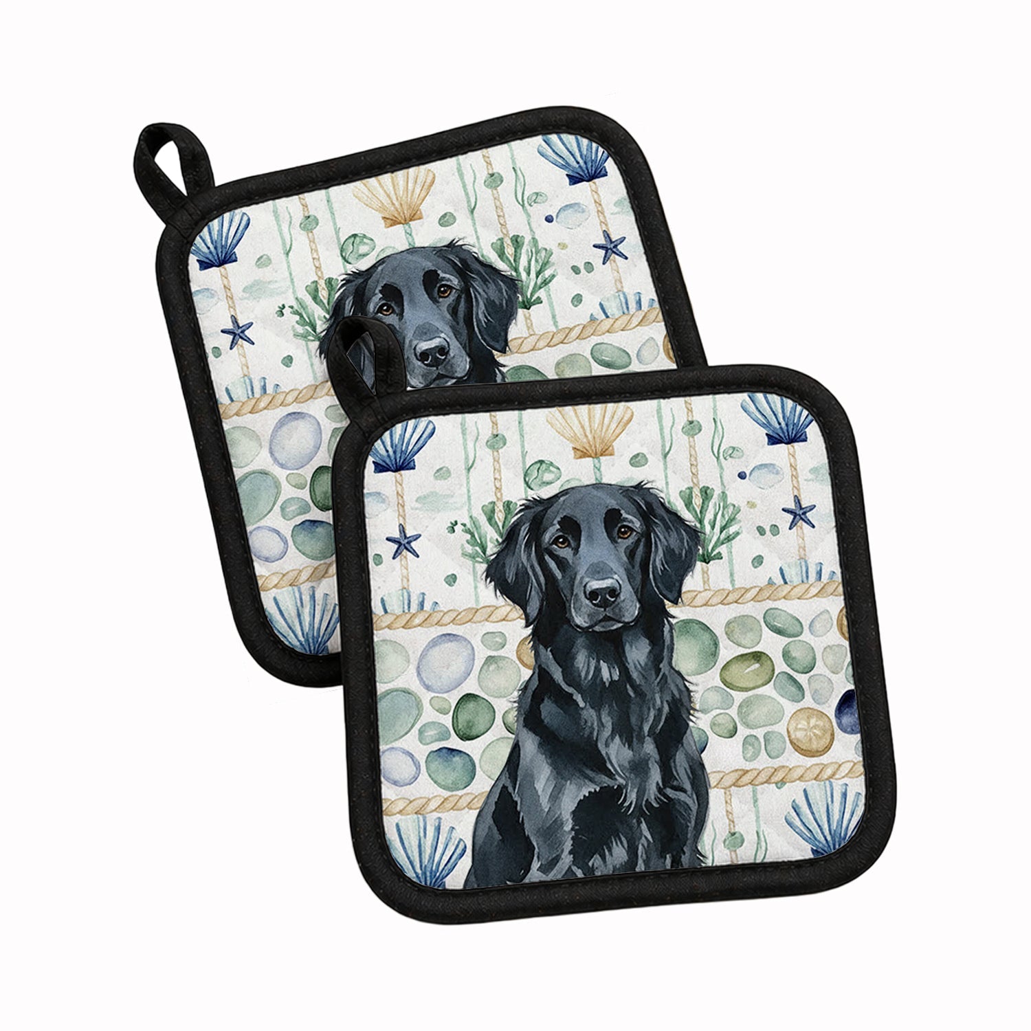 Black Flat-Coated Retriever Coastal Sea Glass Pot Holder Set of 2 Heat Resistant Quilted Hot Pads 7.5 x 7.5 Inch, Insulated Kitchen Trivets for Cooking & Baking