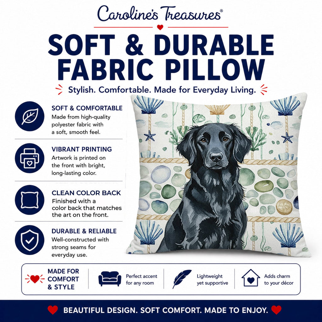 Black Flat-Coated Retriever Coastal Sea Glass Decorative Throw Pillow 14x14 Indoor Outdoor Accent Cushion, Fabric Cover with Insert for Sofa, Bed, Porch & Living Room