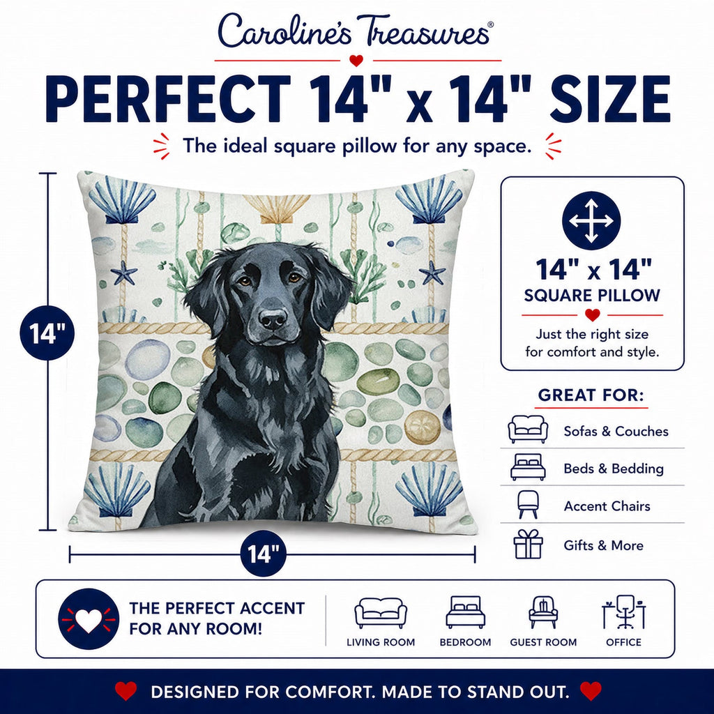 Black Flat-Coated Retriever Coastal Sea Glass Decorative Throw Pillow 14x14 Indoor Outdoor Accent Cushion, Fabric Cover with Insert for Sofa, Bed, Porch & Living Room