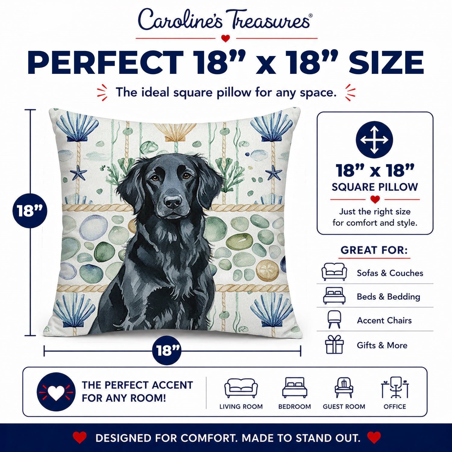 Black Flat-Coated Retriever Coastal Sea Glass Decorative Throw Pillow 18x18 Indoor Outdoor Accent Cushion, Fabric Cover with Insert for Sofa, Bed, Porch & Living Room