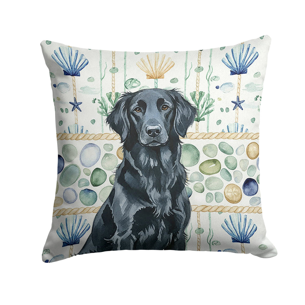Black Flat-Coated Retriever Coastal Sea Glass Decorative Throw Pillow 18x18 Indoor Outdoor Accent Cushion, Fabric Cover with Insert for Sofa, Bed, Porch & Living Room