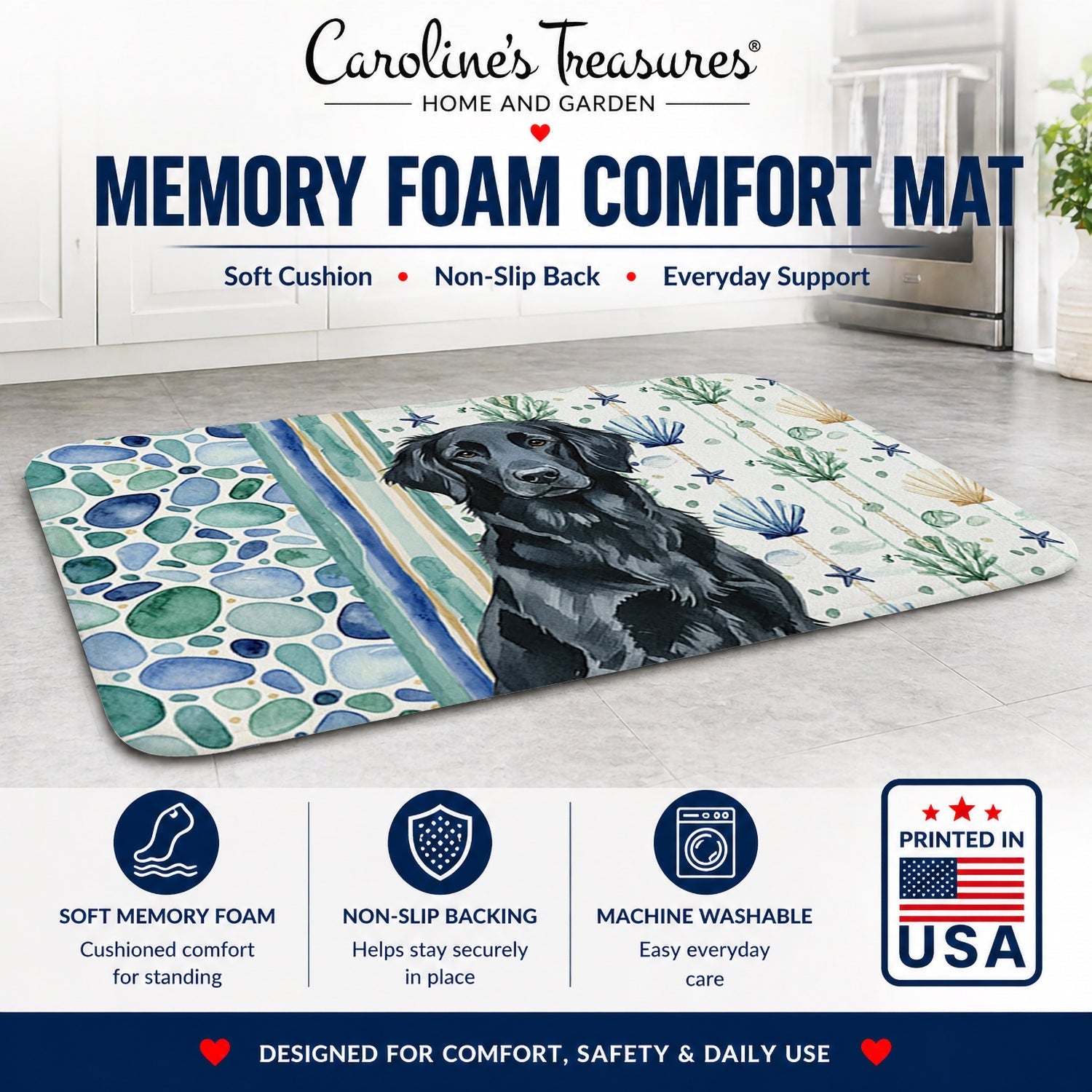 Black Flat-Coated Retriever Coastal Sea Glass Memory Foam Kitchen Mat Machine Washable Anti-Fatigue Cushion Comfort Bath or Kitchen Rug