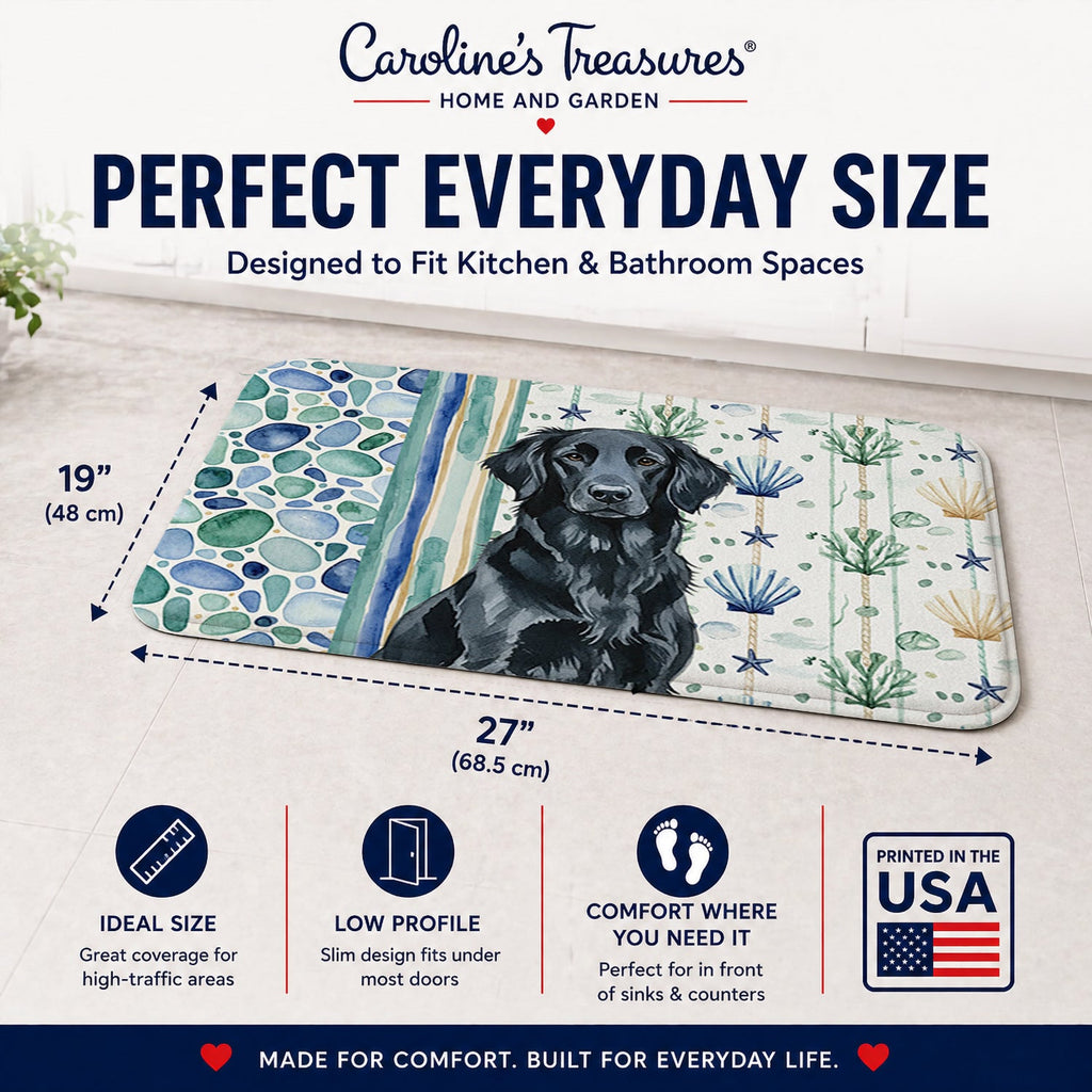 Black Flat-Coated Retriever Coastal Sea Glass Memory Foam Kitchen Mat Machine Washable Anti-Fatigue Cushion Comfort Bath or Kitchen Rug