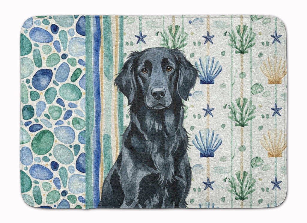 Black Flat-Coated Retriever Coastal Sea Glass Memory Foam Kitchen Mat Machine Washable Anti-Fatigue Cushion Comfort Bath or Kitchen Rug