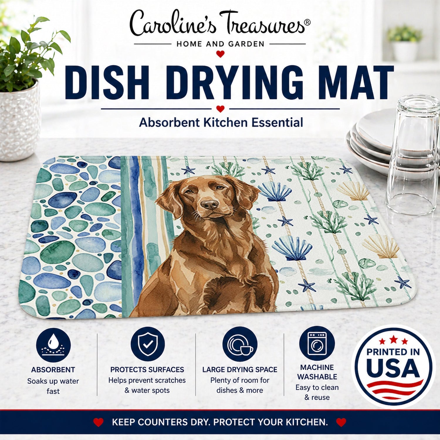 Liver Flat-Coated Retriever Coastal Sea Glass Dish Drying Mat Absorbent Dish Drying Mat Pad for Kitchen Counter Dish Drainer Mat for Countertop, 14 x 21", Multicolor