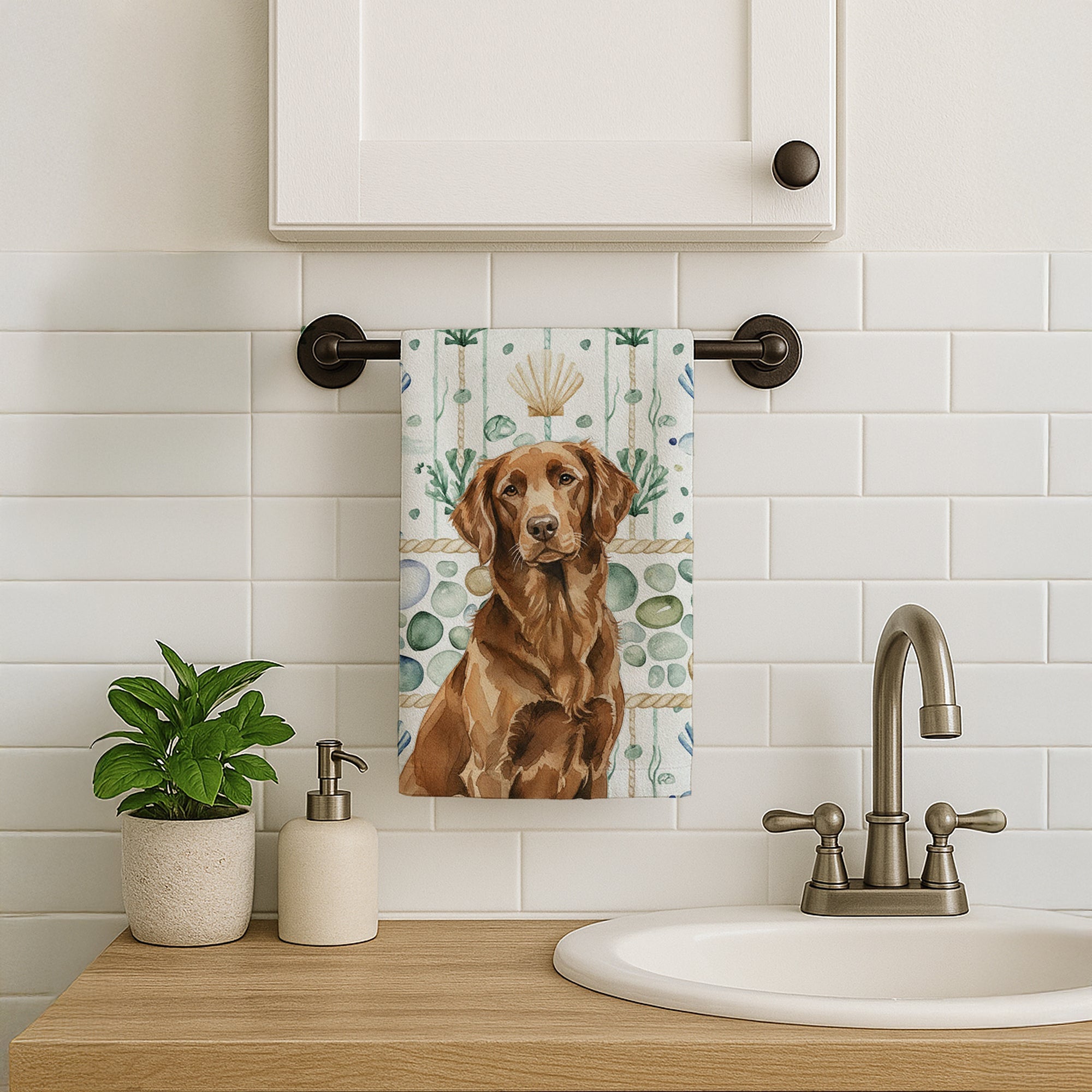 Liver Flat-Coated Retriever Coastal Sea Glass Kitchen Towel Velour Plush Front and Cotton Loop Back Machine Washable