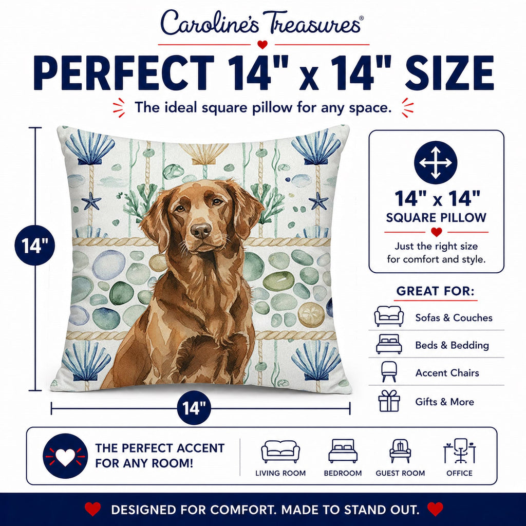 Liver Flat-Coated Retriever Coastal Sea Glass Decorative Throw Pillow 14x14 Indoor Outdoor Accent Cushion, Fabric Cover with Insert for Sofa, Bed, Porch & Living Room