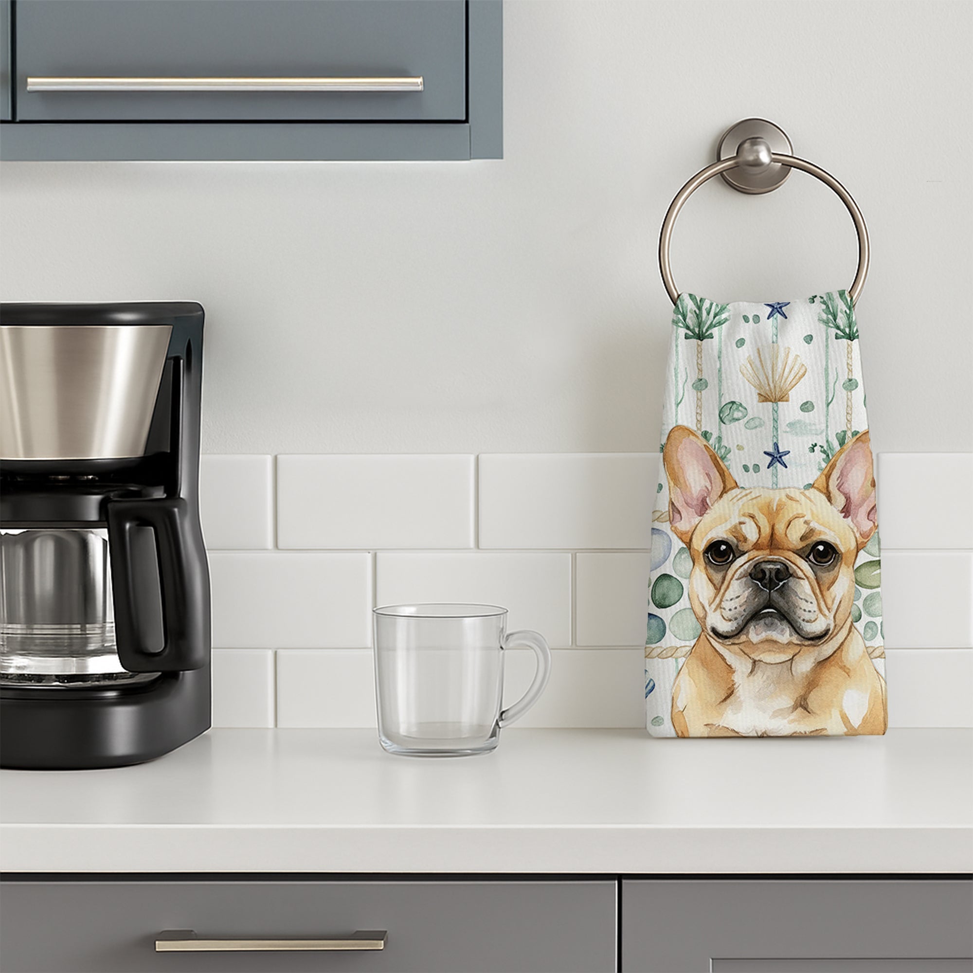 Fawn French Bulldog Coastal Sea Glass Kitchen Towel Velour Plush Front and Cotton Loop Back Machine Washable