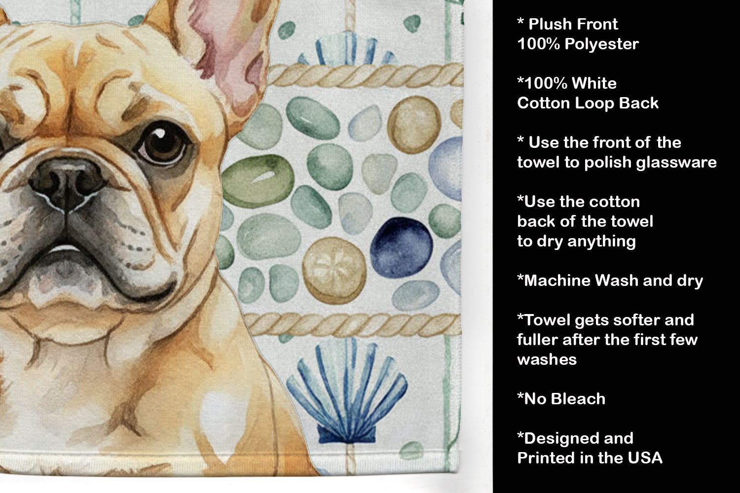 Fawn French Bulldog Coastal Sea Glass Kitchen Towel Velour Plush Front and Cotton Loop Back Machine Washable