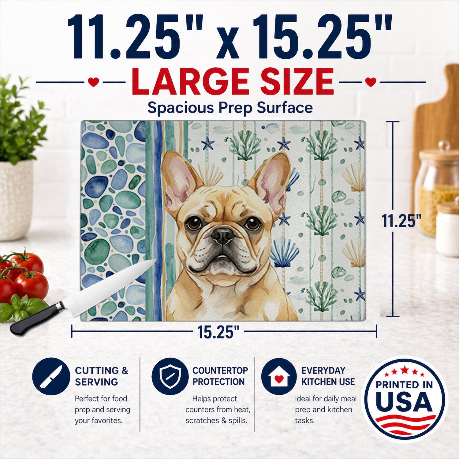 Fawn French Bulldog Coastal Sea Glass Cutting Board Tempered Glass Kitchen Cutting Surface, Heat Resistant Chopping, Non-Slip Feet, Food Prep & Serving