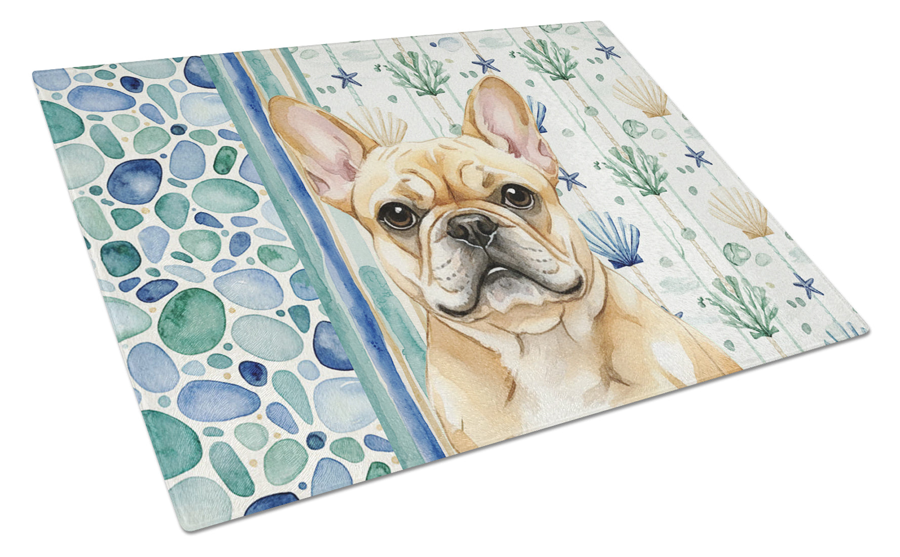 Fawn French Bulldog Coastal Sea Glass Cutting Board Tempered Glass Kitchen Cutting Surface, Heat Resistant Chopping, Non-Slip Feet, Food Prep & Serving