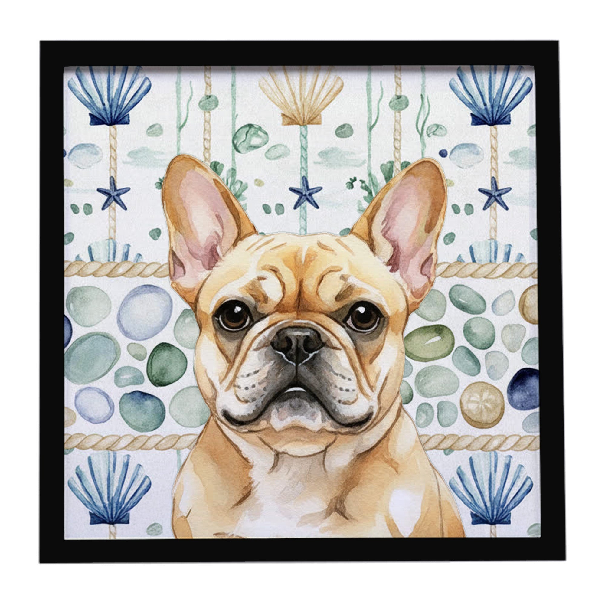 Fawn French Bulldog Coastal Sea Glass Framed Metal Print Bathroom, Kitchen, Office, Home Decor Wall Art Ready to Hang, Square, 8X8