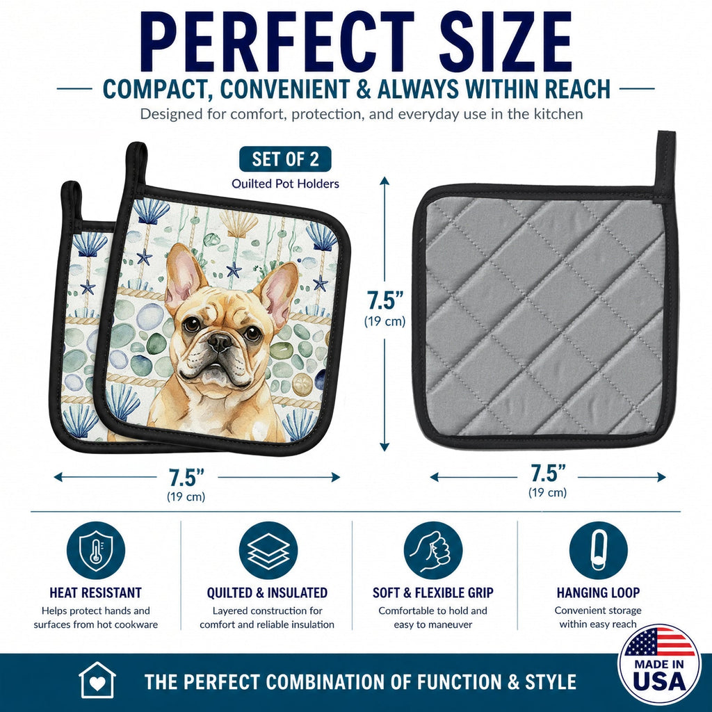 Fawn French Bulldog Coastal Sea Glass Pot Holder Set of 2 Heat Resistant Quilted Hot Pads 7.5 x 7.5 Inch, Insulated Kitchen Trivets for Cooking & Baking