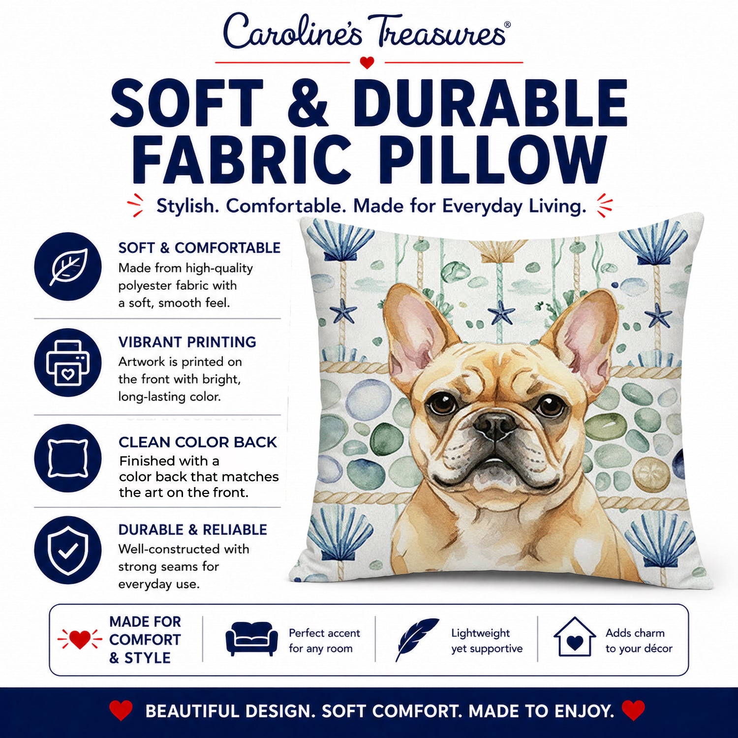 Fawn French Bulldog Coastal Sea Glass Decorative Throw Pillow 18x18 Indoor Outdoor Accent Cushion, Fabric Cover with Insert for Sofa, Bed, Porch & Living Room