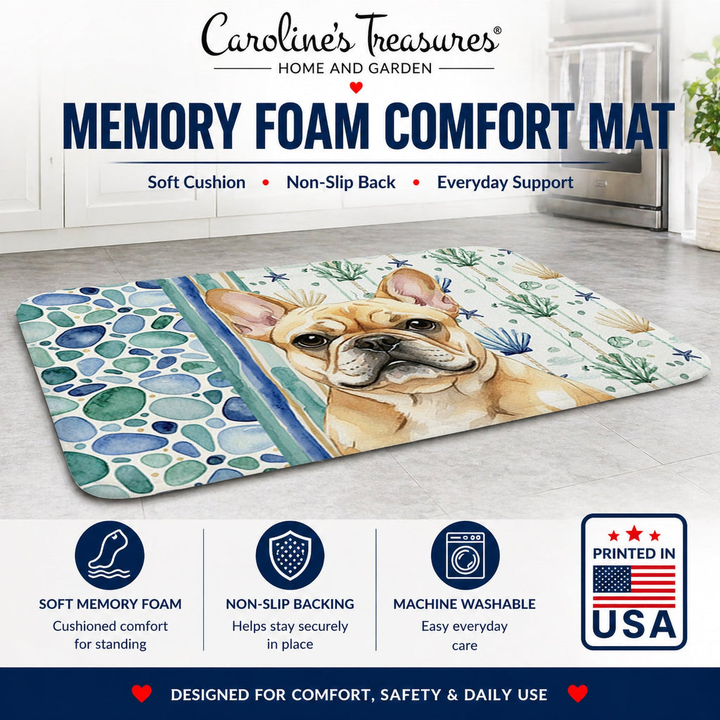 Fawn French Bulldog Coastal Sea Glass Memory Foam Kitchen Mat Machine Washable Anti-Fatigue Cushion Comfort Bath or Kitchen Rug