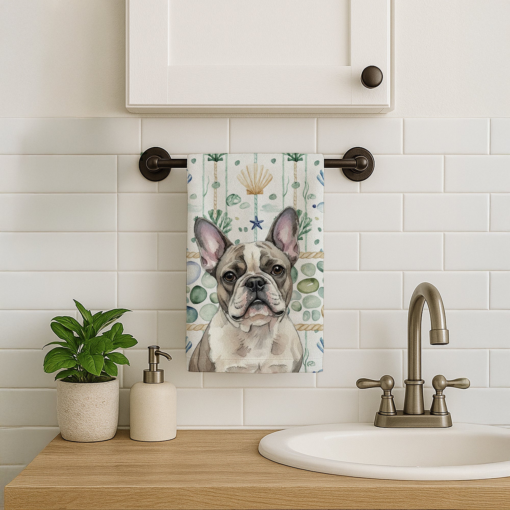 Pied French Bulldog Coastal Sea Glass Kitchen Towel Velour Plush Front and Cotton Loop Back Machine Washable
