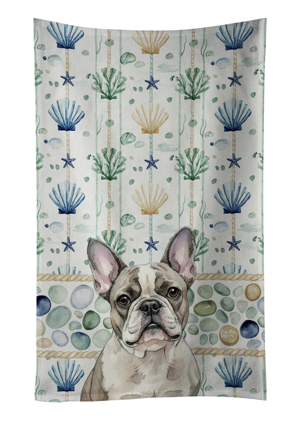 Pied French Bulldog Coastal Sea Glass Kitchen Towel Velour Plush Front and Cotton Loop Back Machine Washable
