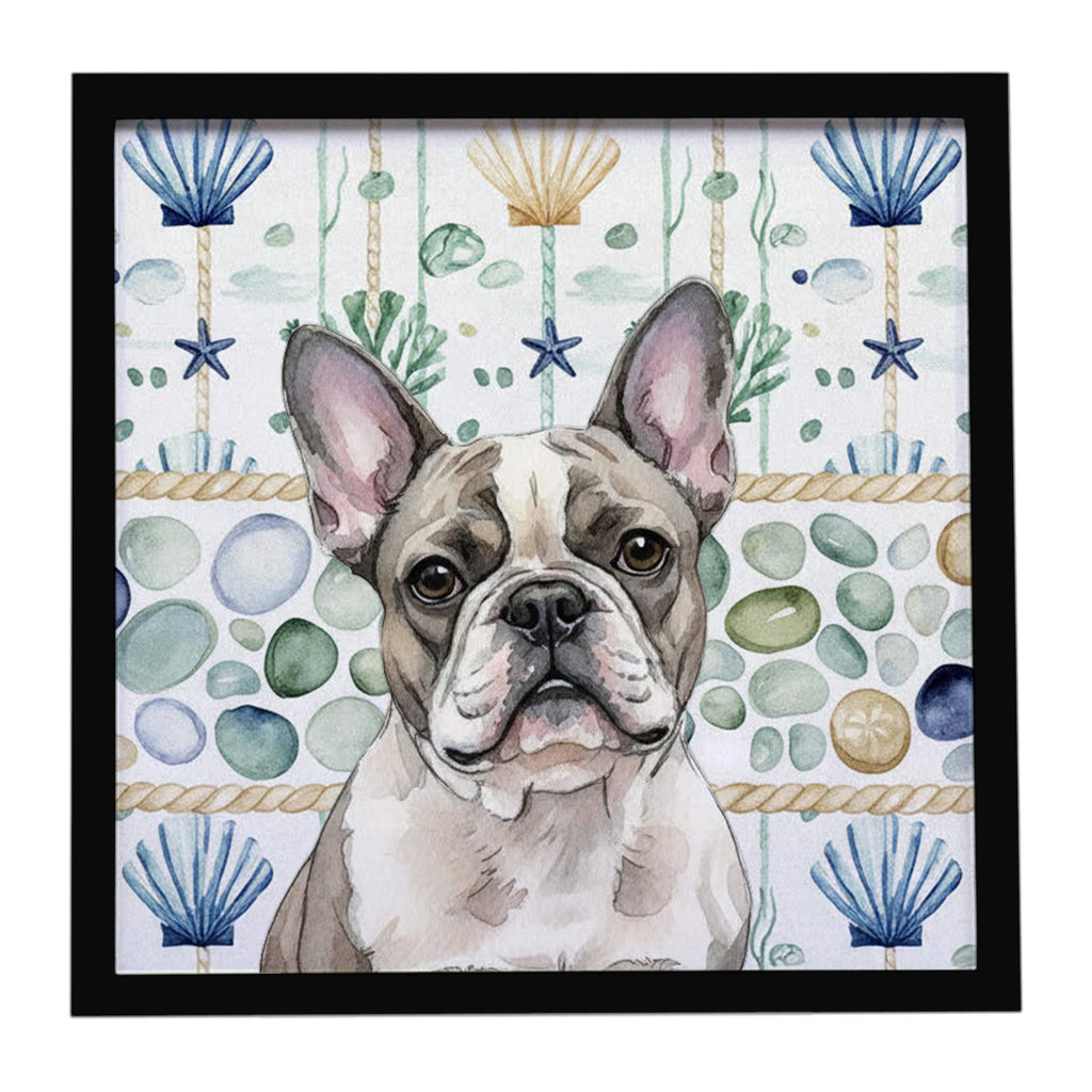 Pied French Bulldog Coastal Sea Glass Framed Metal Print Bathroom, Kitchen, Office, Home Decor Wall Art Ready to Hang, Square, 8X8