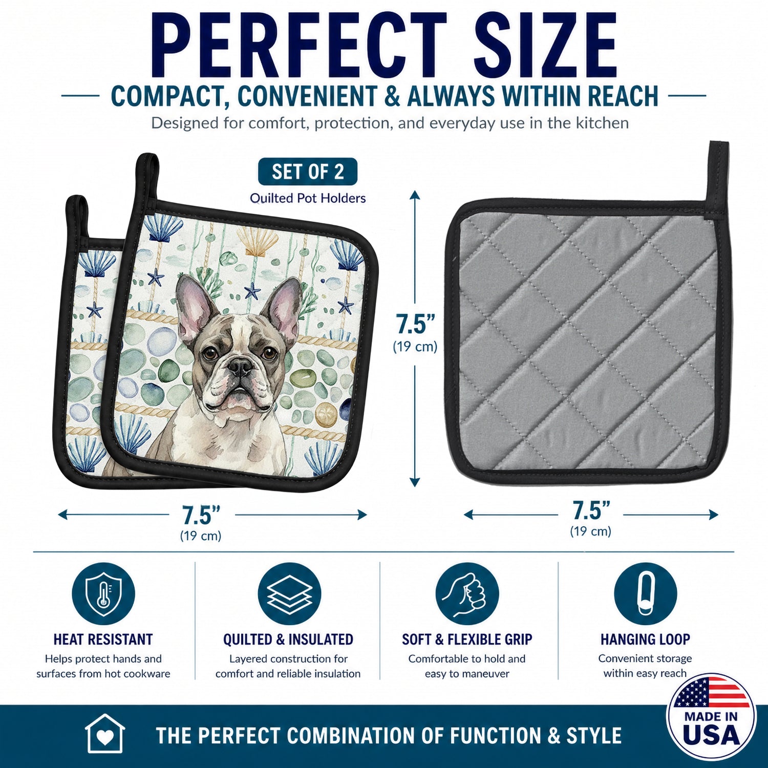 Pied French Bulldog Coastal Sea Glass Pot Holder Set of 2 Heat Resistant Quilted Hot Pads 7.5 x 7.5 Inch, Insulated Kitchen Trivets for Cooking & Baking