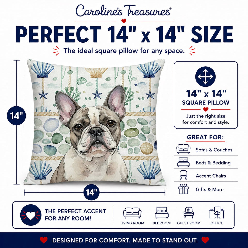 Pied French Bulldog Coastal Sea Glass Decorative Throw Pillow 14x14 Indoor Outdoor Accent Cushion, Fabric Cover with Insert for Sofa, Bed, Porch & Living Room
