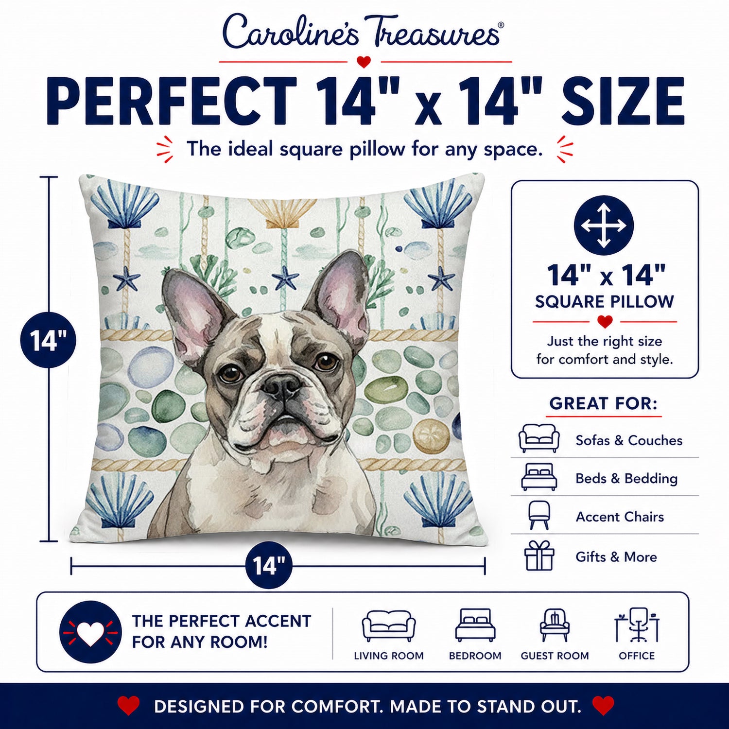 Pied French Bulldog Coastal Sea Glass Decorative Throw Pillow 14x14 Indoor Outdoor Accent Cushion, Fabric Cover with Insert for Sofa, Bed, Porch & Living Room