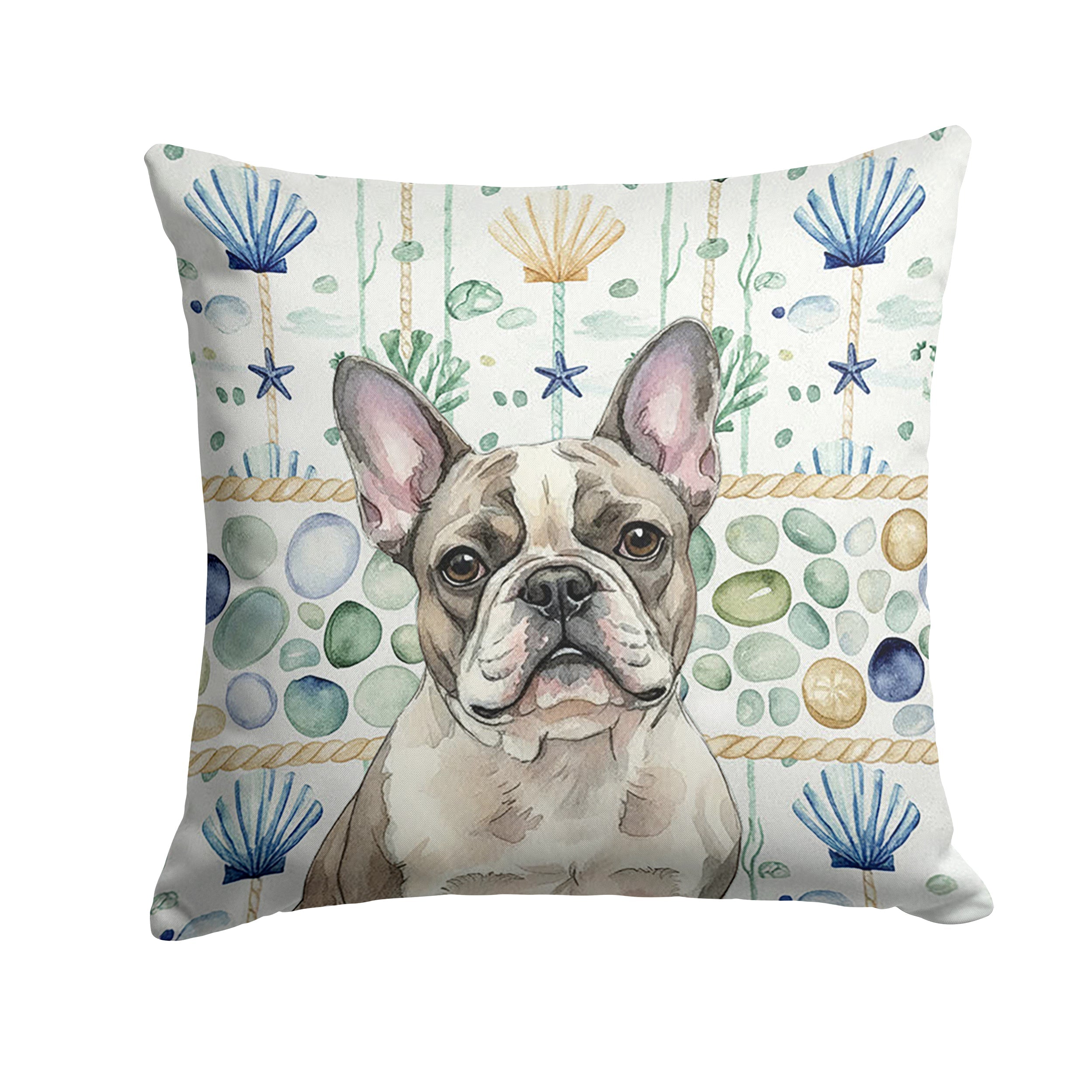 Pied French Bulldog Coastal Sea Glass Decorative Throw Pillow 14x14 Indoor Outdoor Accent Cushion, Fabric Cover with Insert for Sofa, Bed, Porch & Living Room