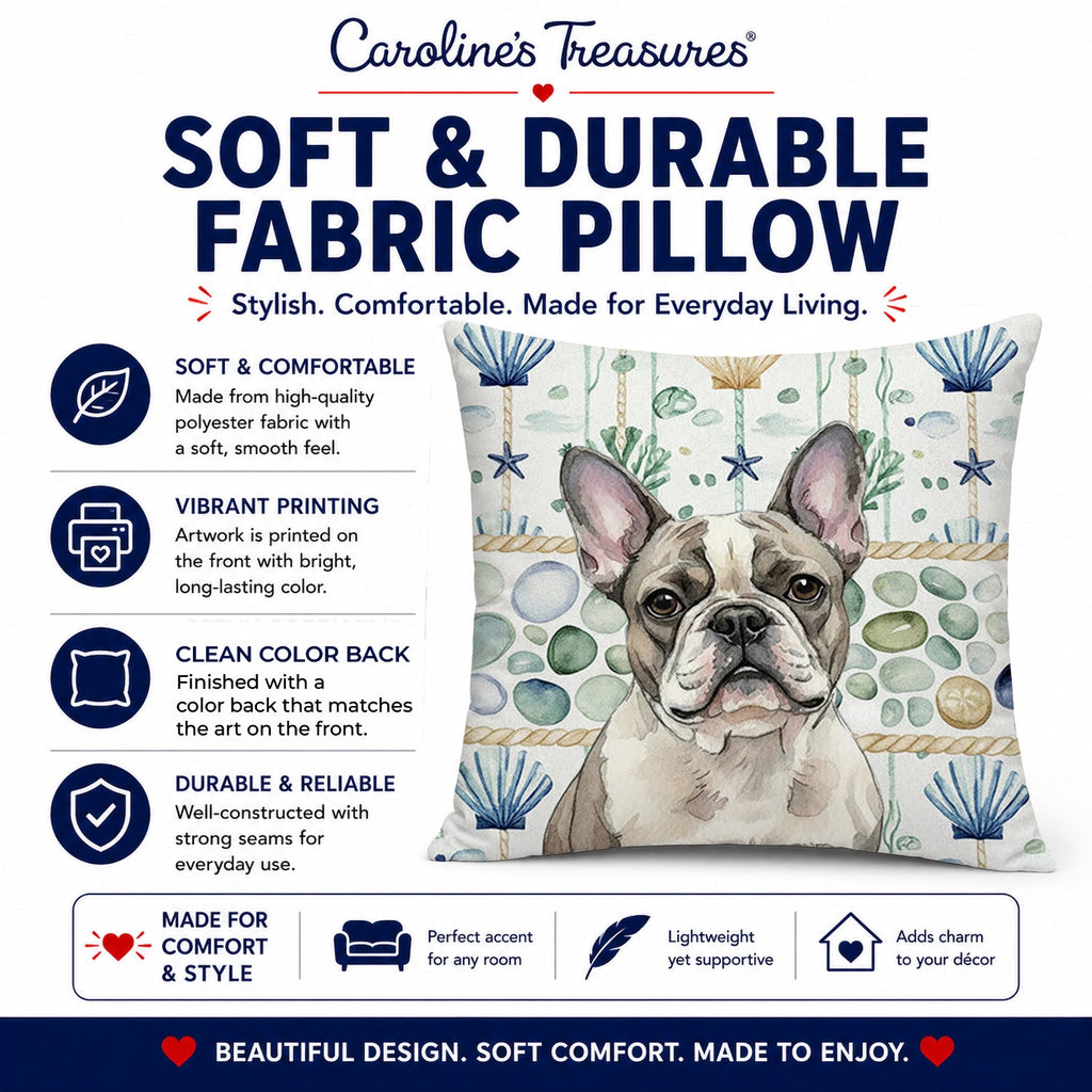 Pied French Bulldog Coastal Sea Glass Decorative Throw Pillow 18x18 Indoor Outdoor Accent Cushion, Fabric Cover with Insert for Sofa, Bed, Porch & Living Room