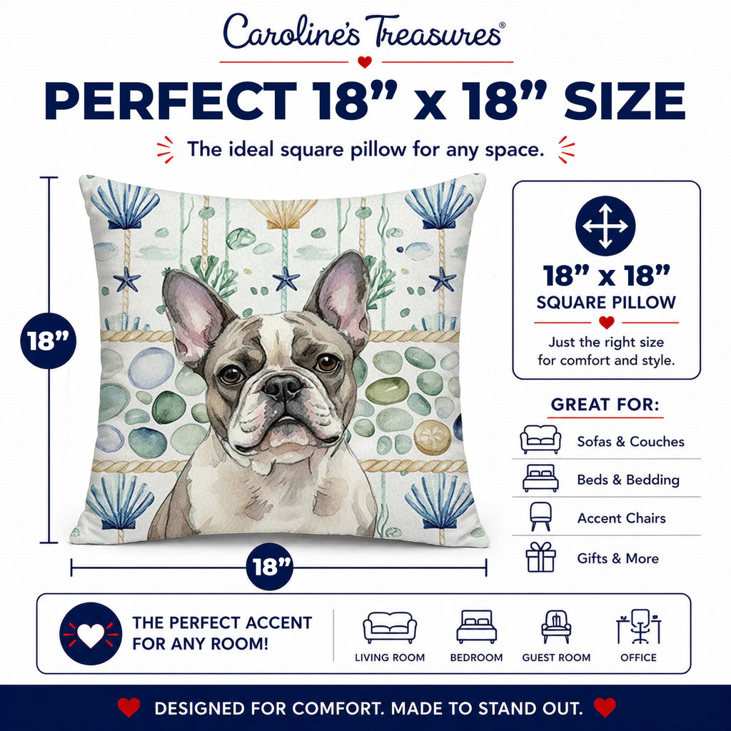Pied French Bulldog Coastal Sea Glass Decorative Throw Pillow 18x18 Indoor Outdoor Accent Cushion, Fabric Cover with Insert for Sofa, Bed, Porch & Living Room
