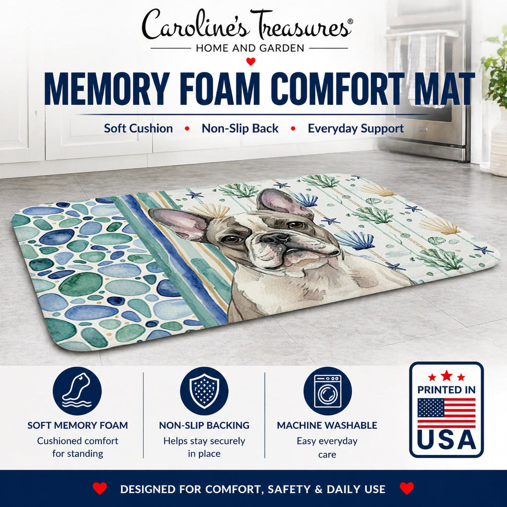 Pied French Bulldog Coastal Sea Glass Memory Foam Kitchen Mat Machine Washable Anti-Fatigue Cushion Comfort Bath or Kitchen Rug