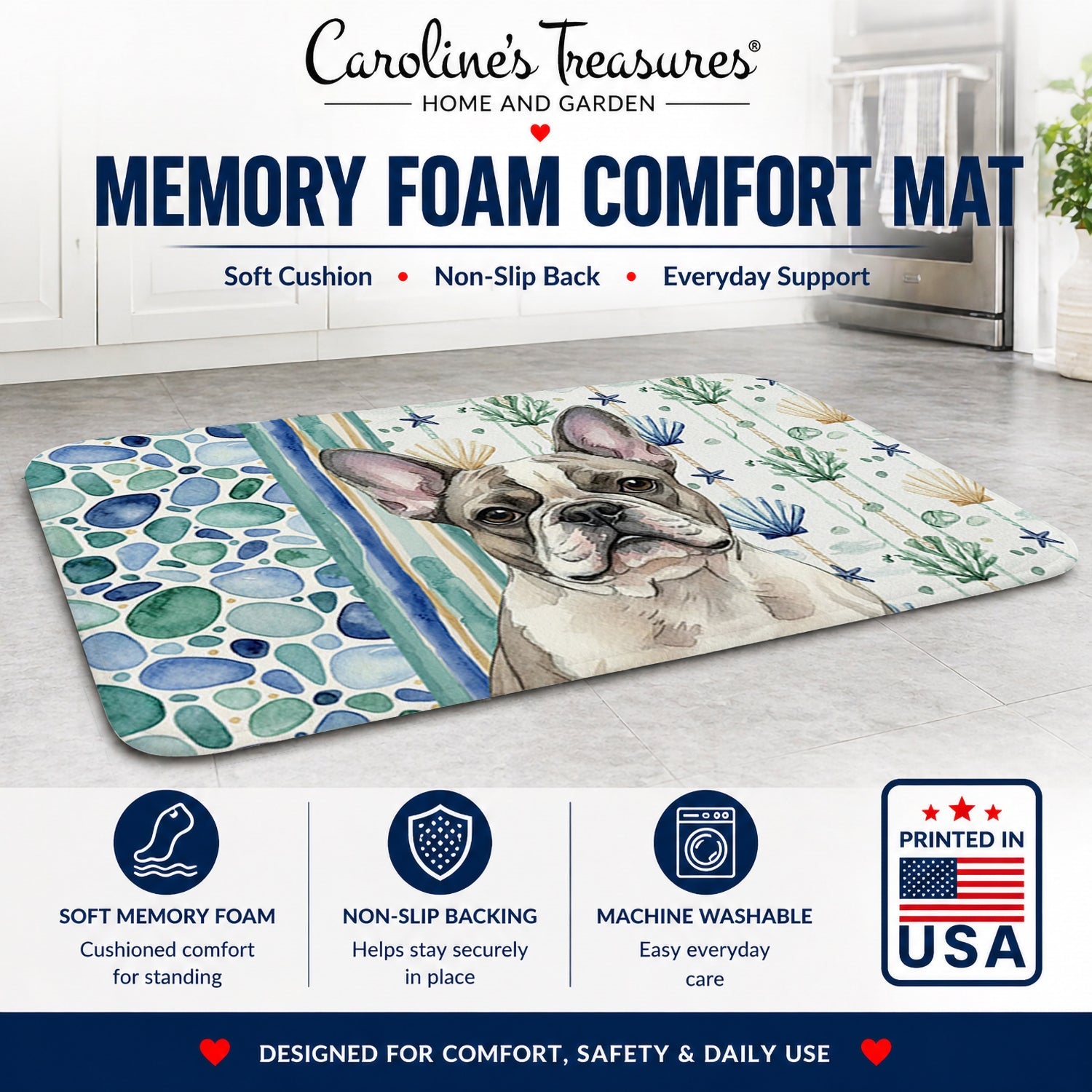 Pied French Bulldog Coastal Sea Glass Memory Foam Kitchen Mat Machine Washable Anti-Fatigue Cushion Comfort Bath or Kitchen Rug