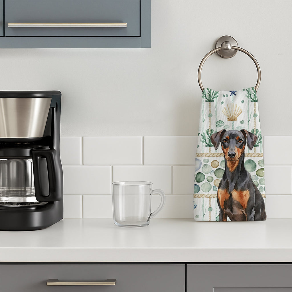 German Pinscher Coastal Sea Glass Kitchen Towel Velour Plush Front and Cotton Loop Back Machine Washable
