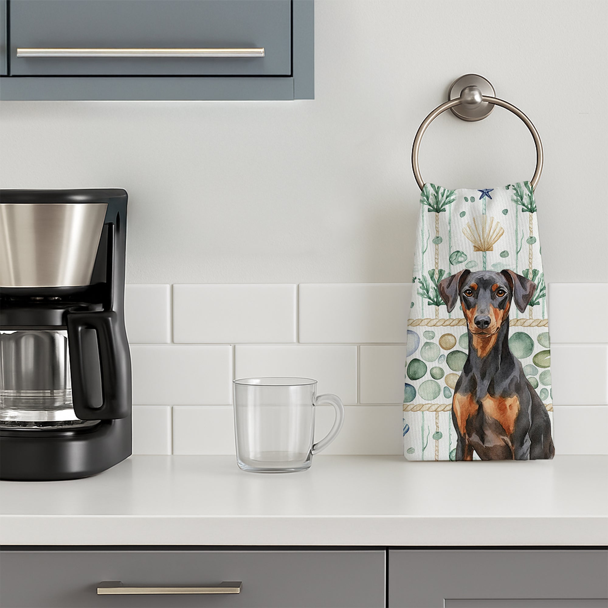 German Pinscher Coastal Sea Glass Kitchen Towel Velour Plush Front and Cotton Loop Back Machine Washable