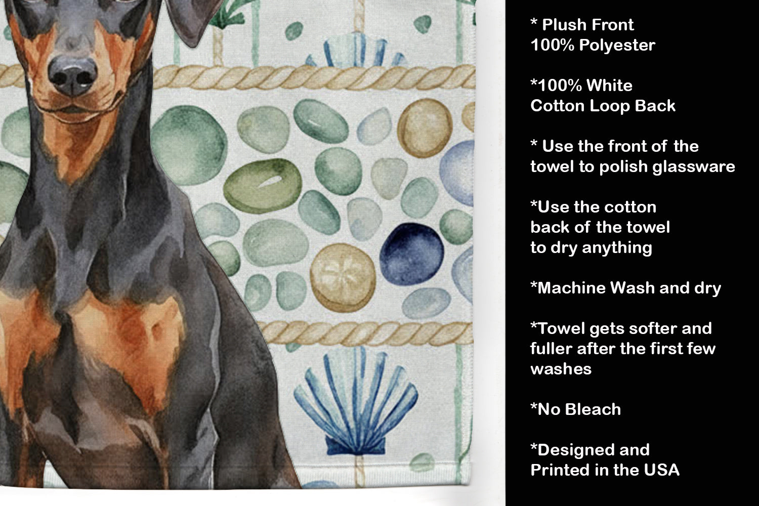 German Pinscher Coastal Sea Glass Kitchen Towel Velour Plush Front and Cotton Loop Back Machine Washable