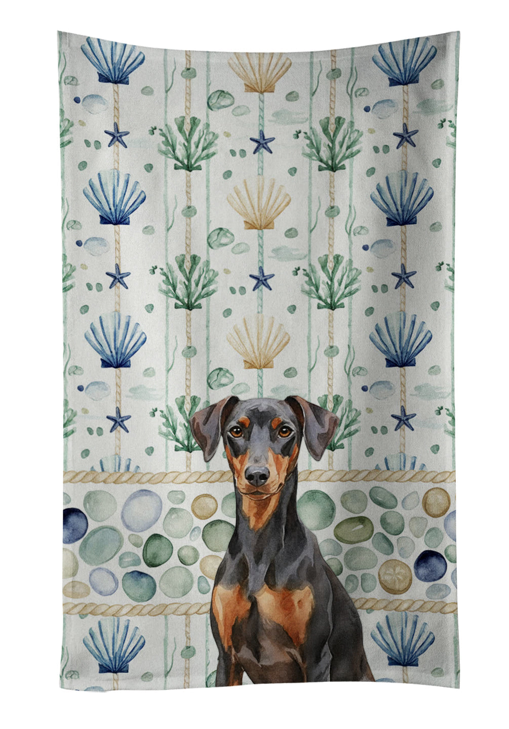 German Pinscher Coastal Sea Glass Kitchen Towel Velour Plush Front and Cotton Loop Back Machine Washable