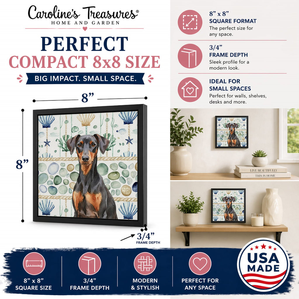 German Pinscher Coastal Sea Glass Framed Metal Print Bathroom, Kitchen, Office, Home Decor Wall Art Ready to Hang, Square, 8X8