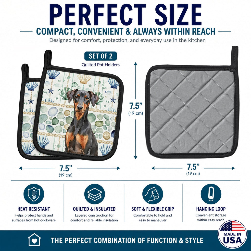 German Pinscher Coastal Sea Glass Pot Holder Set of 2 Heat Resistant Quilted Hot Pads 7.5 x 7.5 Inch, Insulated Kitchen Trivets for Cooking & Baking