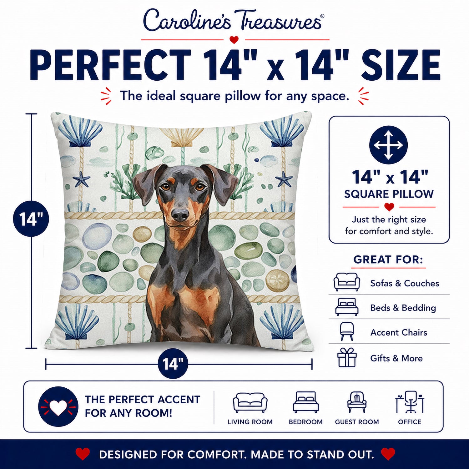 German Pinscher Coastal Sea Glass Decorative Throw Pillow 14x14 Indoor Outdoor Accent Cushion, Fabric Cover with Insert for Sofa, Bed, Porch & Living Room