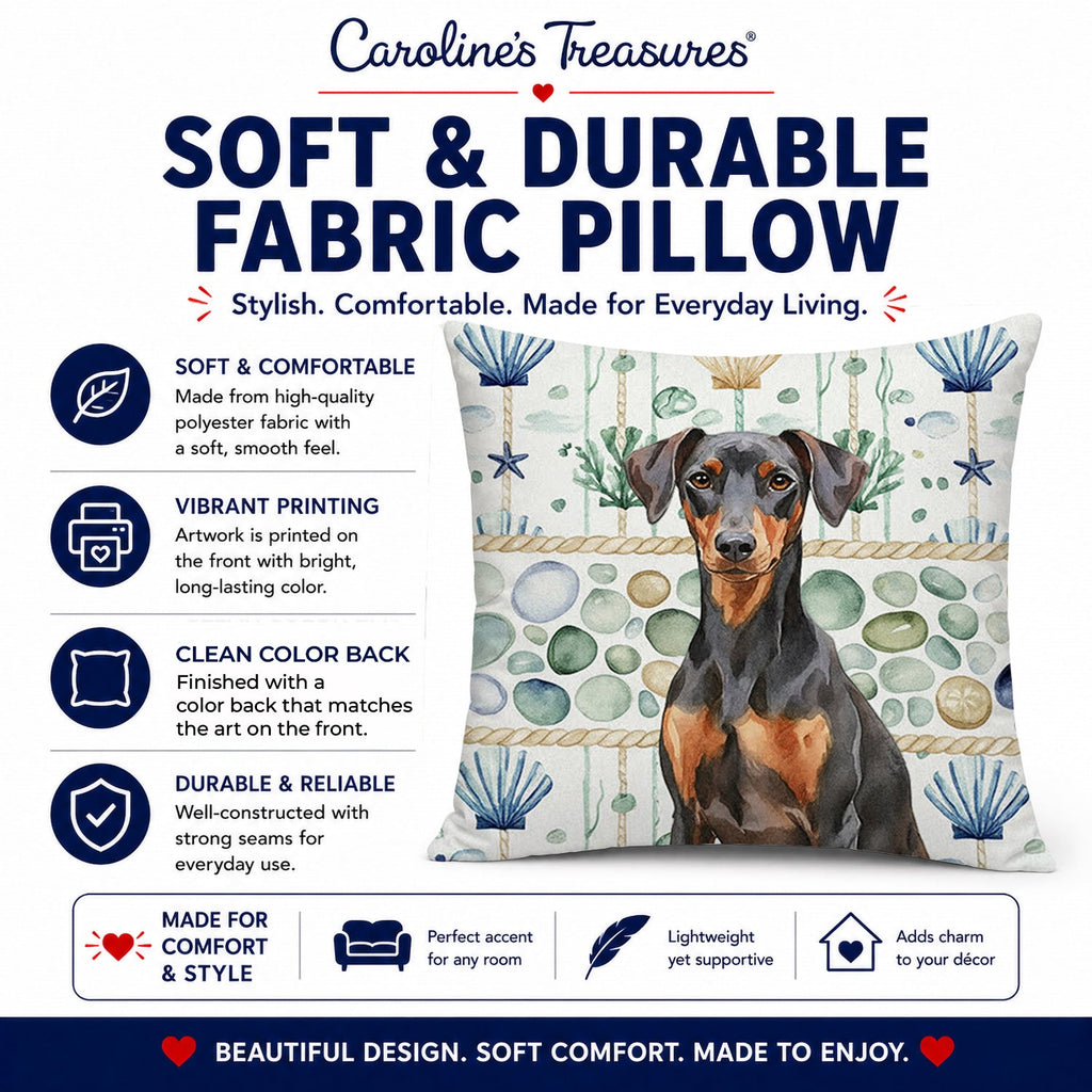 German Pinscher Coastal Sea Glass Decorative Throw Pillow 18x18 Indoor Outdoor Accent Cushion, Fabric Cover with Insert for Sofa, Bed, Porch & Living Room