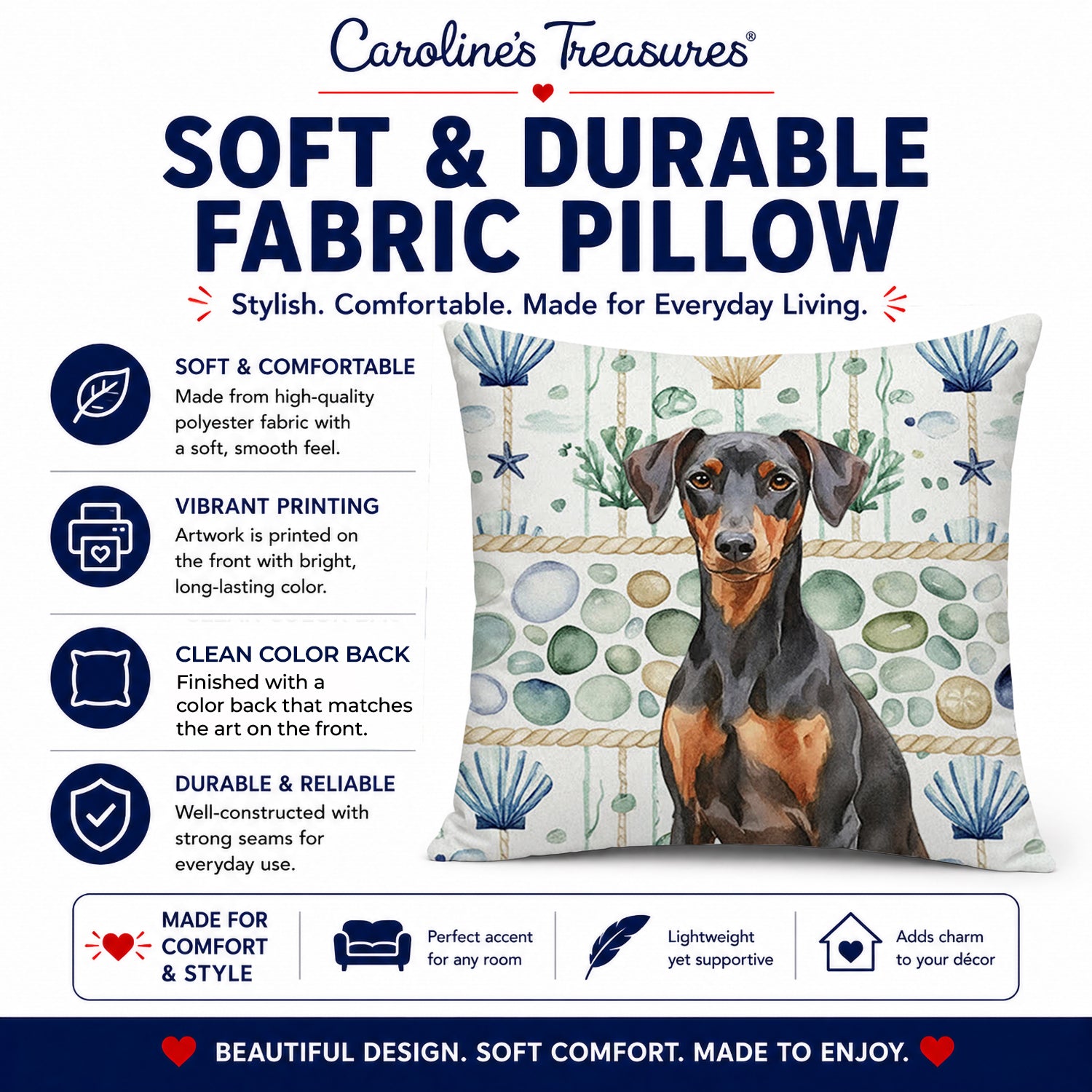 German Pinscher Coastal Sea Glass Decorative Throw Pillow 18x18 Indoor Outdoor Accent Cushion, Fabric Cover with Insert for Sofa, Bed, Porch & Living Room