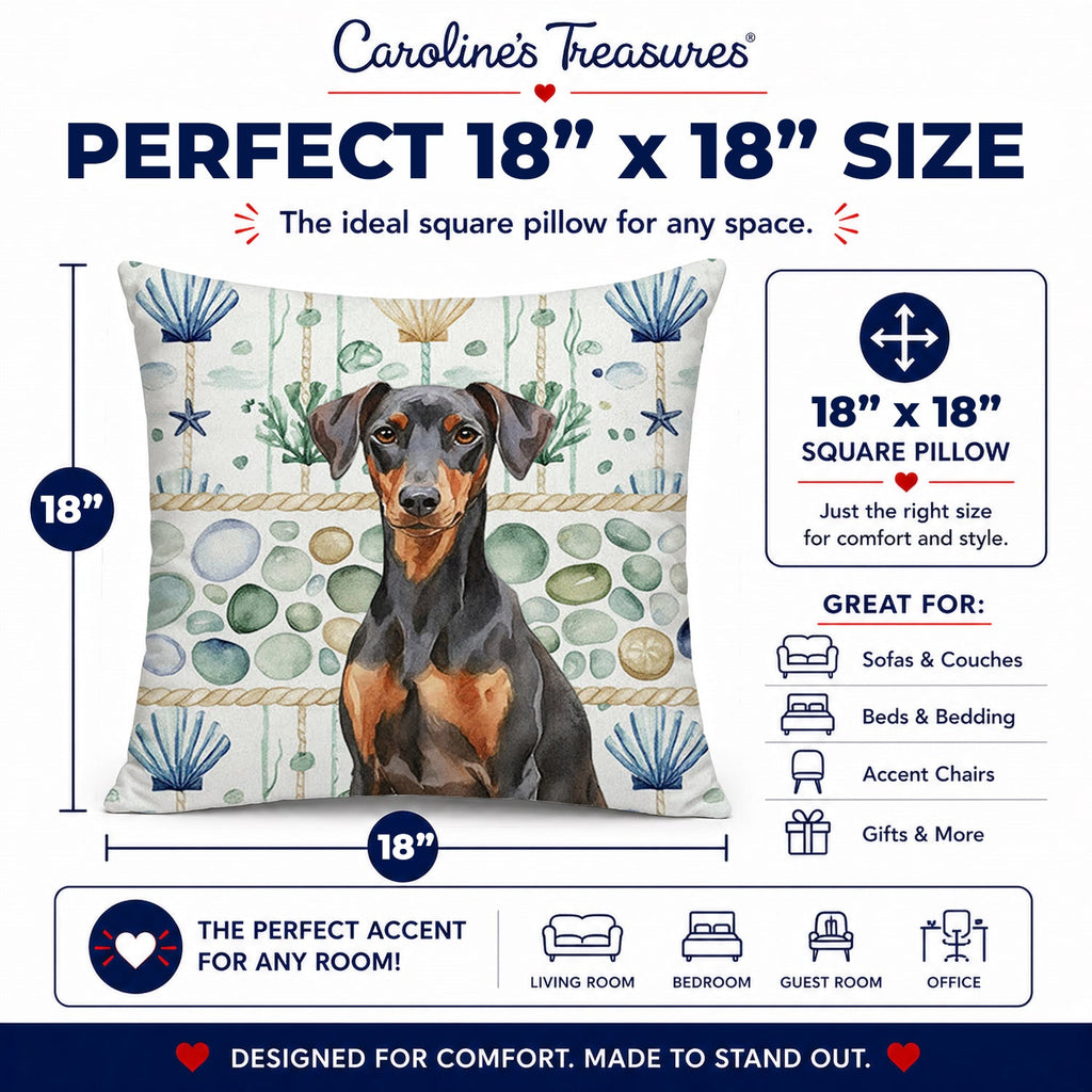 German Pinscher Coastal Sea Glass Decorative Throw Pillow 18x18 Indoor Outdoor Accent Cushion, Fabric Cover with Insert for Sofa, Bed, Porch & Living Room
