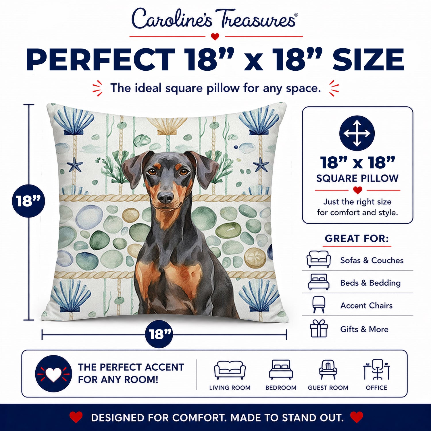 German Pinscher Coastal Sea Glass Decorative Throw Pillow 18x18 Indoor Outdoor Accent Cushion, Fabric Cover with Insert for Sofa, Bed, Porch & Living Room