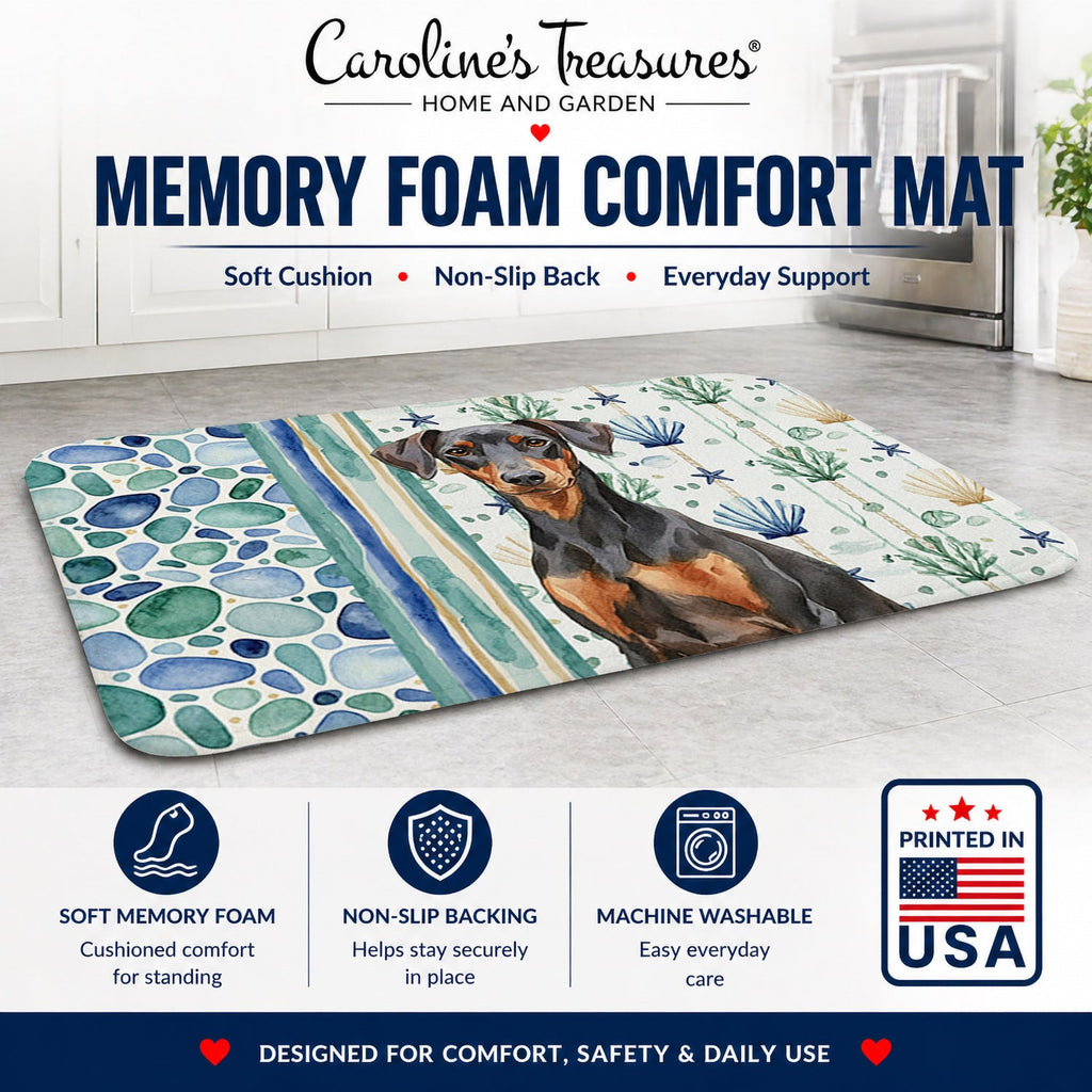 German Pinscher Coastal Sea Glass Memory Foam Kitchen Mat Machine Washable Anti-Fatigue Cushion Comfort Bath or Kitchen Rug