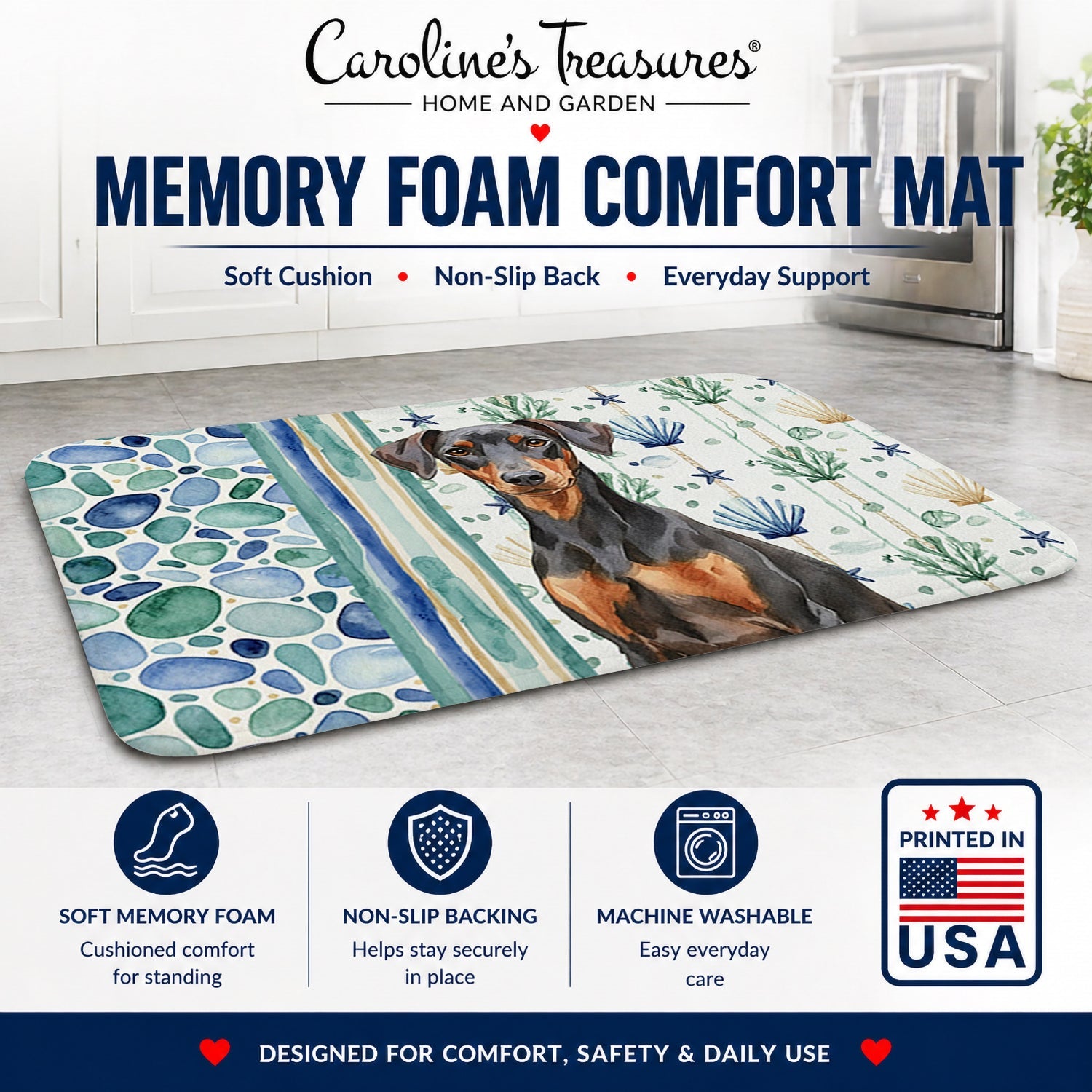 German Pinscher Coastal Sea Glass Memory Foam Kitchen Mat Machine Washable Anti-Fatigue Cushion Comfort Bath or Kitchen Rug