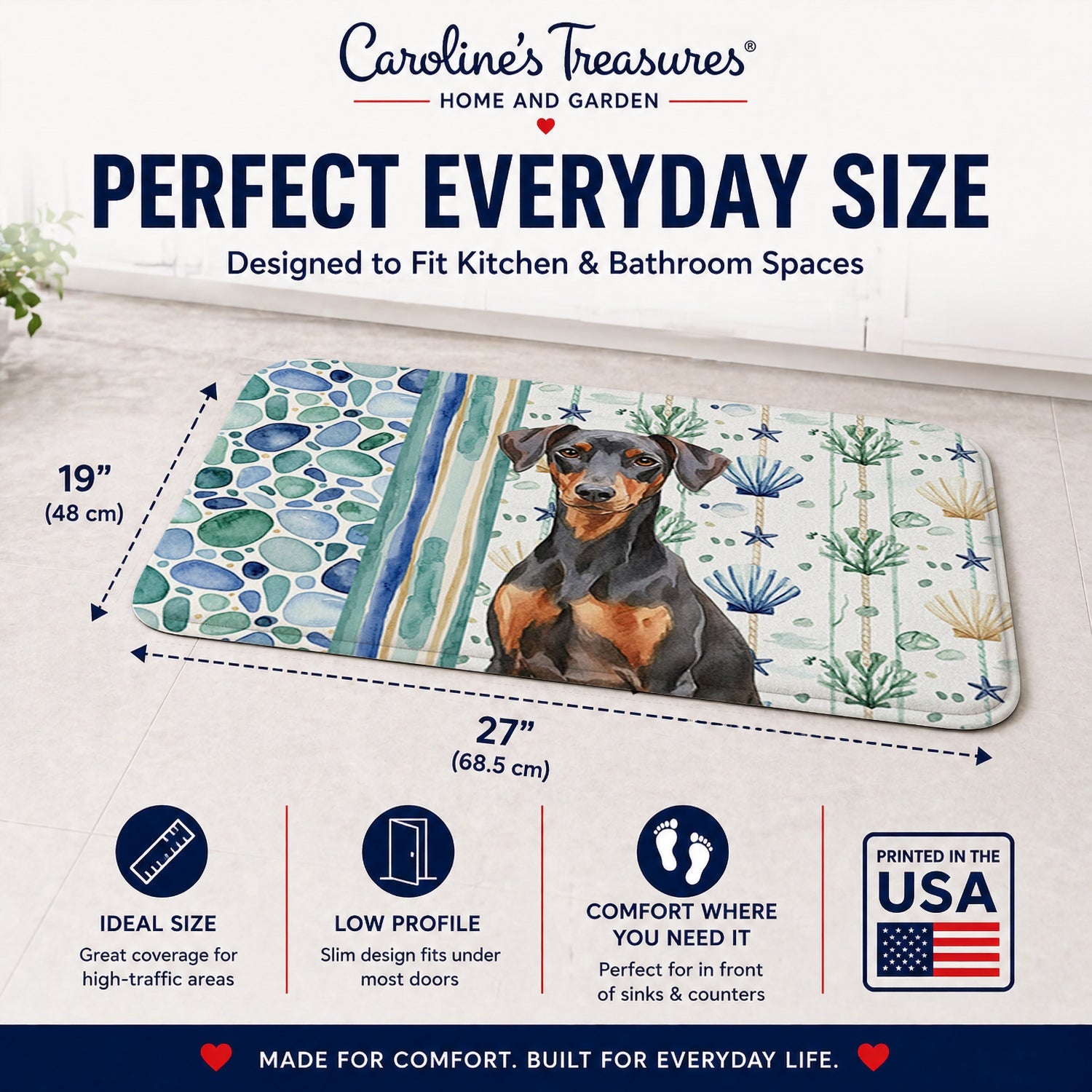 German Pinscher Coastal Sea Glass Memory Foam Kitchen Mat Machine Washable Anti-Fatigue Cushion Comfort Bath or Kitchen Rug