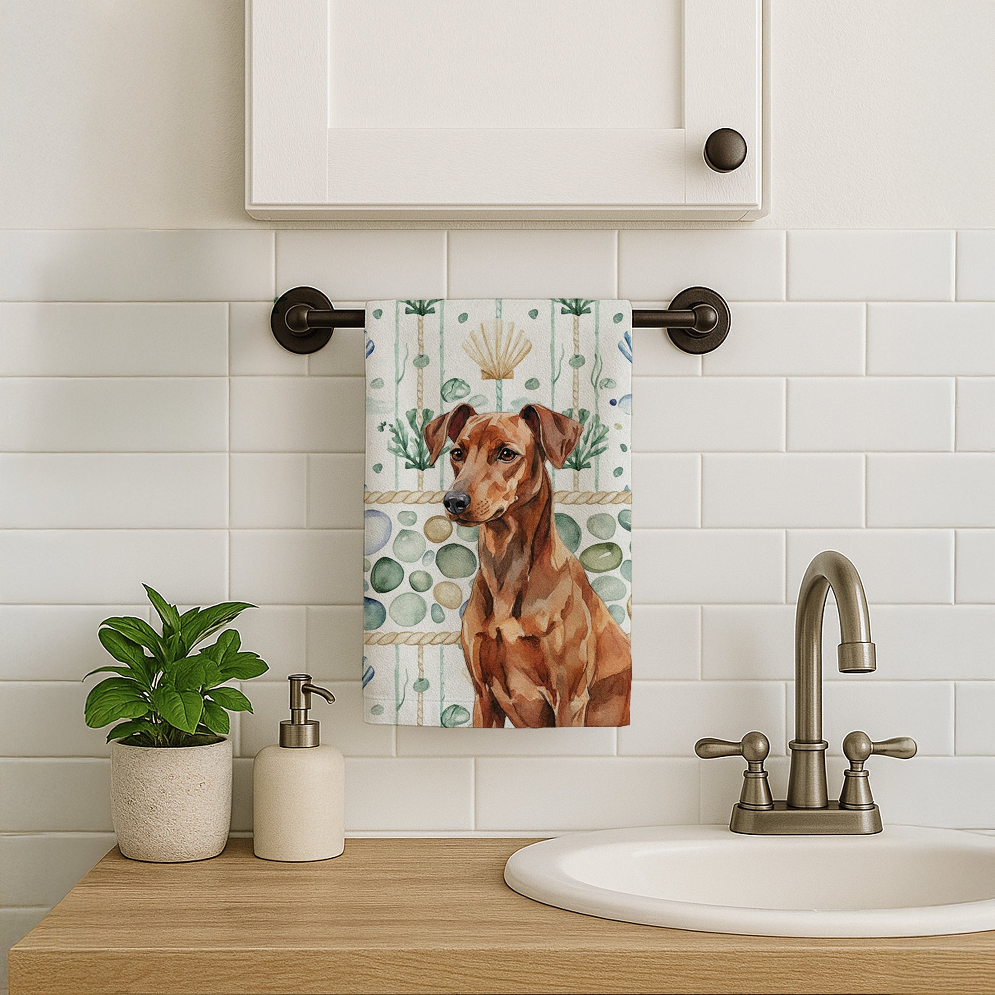 Red German Pinscher Coastal Sea Glass Kitchen Towel Velour Plush Front and Cotton Loop Back Machine Washable