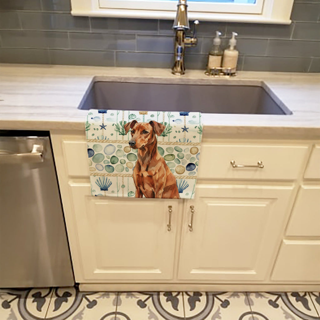 Red German Pinscher Coastal Sea Glass Kitchen Towel Velour Plush Front and Cotton Loop Back Machine Washable