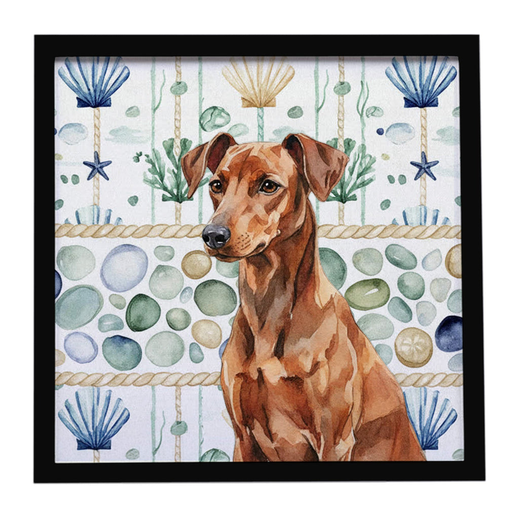 Red German Pinscher Coastal Sea Glass Framed Metal Print Bathroom, Kitchen, Office, Home Decor Wall Art Ready to Hang, Square, 8X8