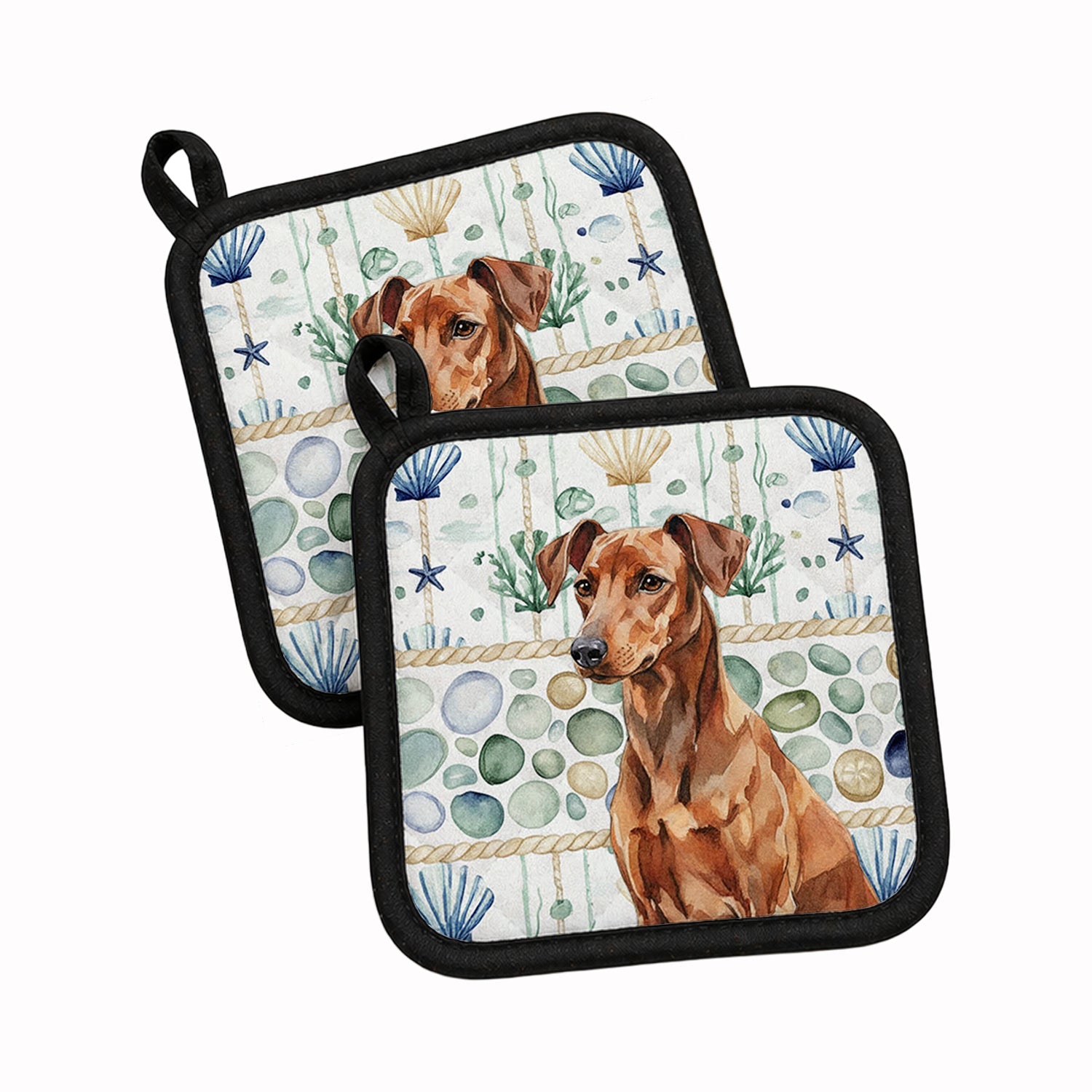 Red German Pinscher Coastal Sea Glass Pot Holder Set of 2 Heat Resistant Quilted Hot Pads 7.5 x 7.5 Inch, Insulated Kitchen Trivets for Cooking & Baking