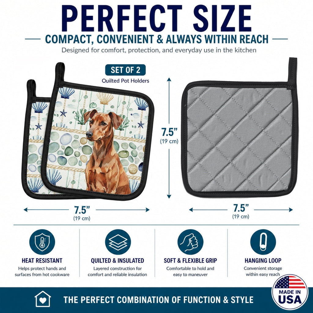 Red German Pinscher Coastal Sea Glass Pot Holder Set of 2 Heat Resistant Quilted Hot Pads 7.5 x 7.5 Inch, Insulated Kitchen Trivets for Cooking & Baking