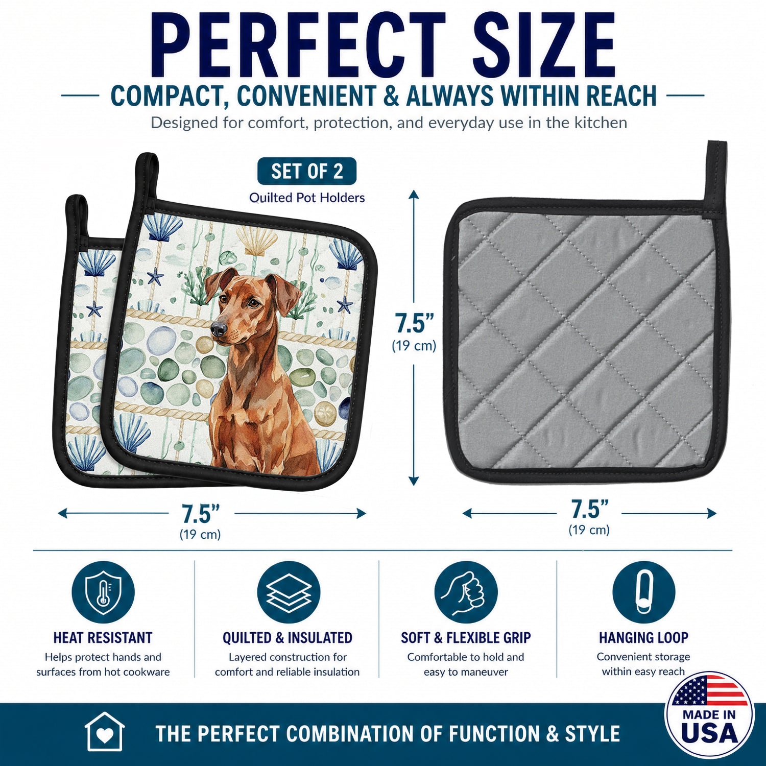 Red German Pinscher Coastal Sea Glass Pot Holder Set of 2 Heat Resistant Quilted Hot Pads 7.5 x 7.5 Inch, Insulated Kitchen Trivets for Cooking & Baking